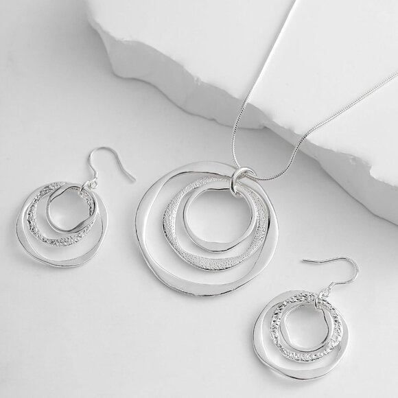 Women's 925 Plated Hypoallergeni 3 Circles Silver Hoop Earring and Necklace Set - Picture 5 of 7